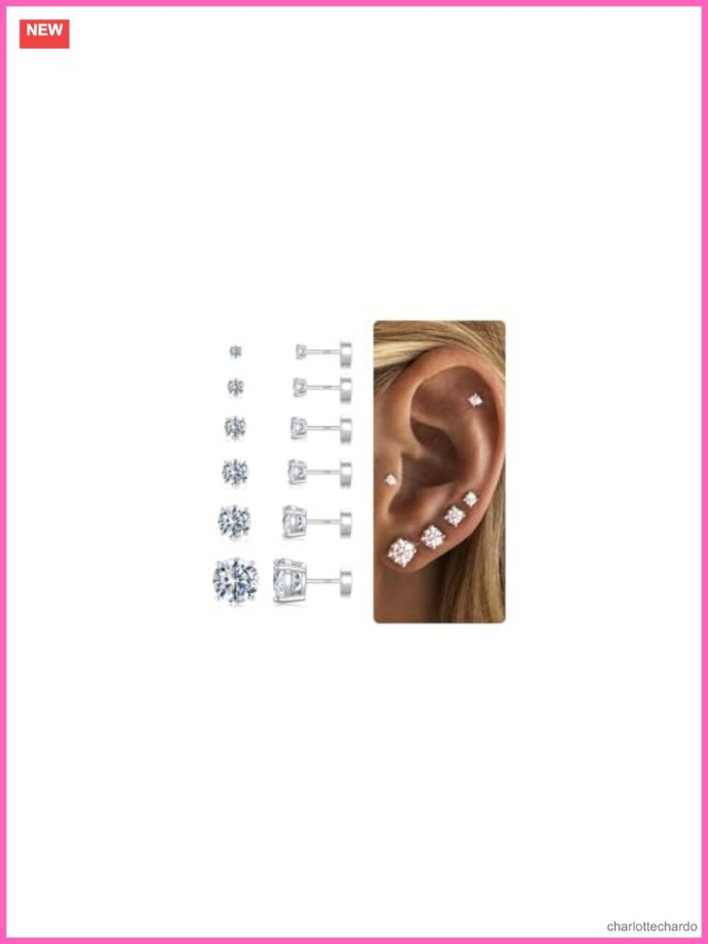 6 Pairs Hypoallergenic Flat Back Stud Earrings Set 14k Gold Plated Cubic